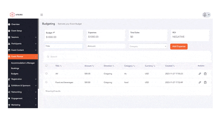 dashboard of event budgeting planner showing how to add an expense