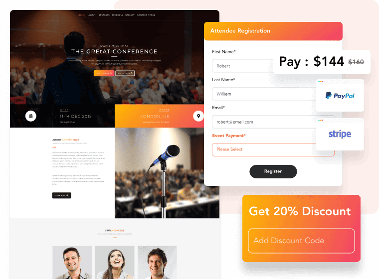 vfairs custom event landing pages with discount codes for event registration