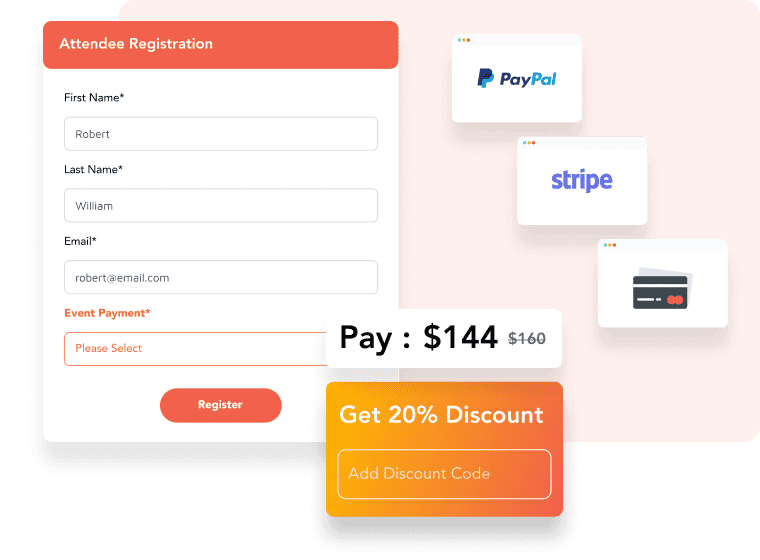 vfairs payment integratins with paypal, stripe and mastercard