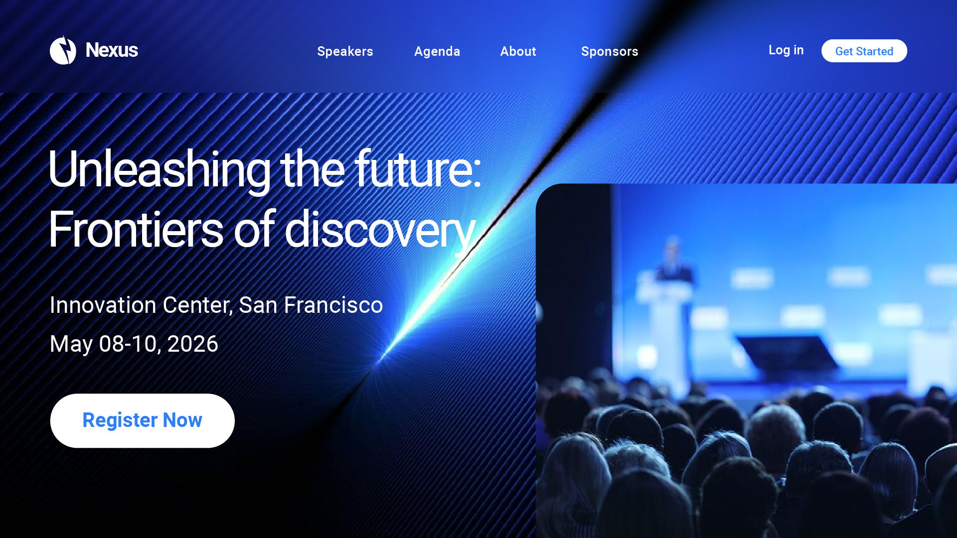 A mockup image of a science themed event showcasing an event registration landing page.