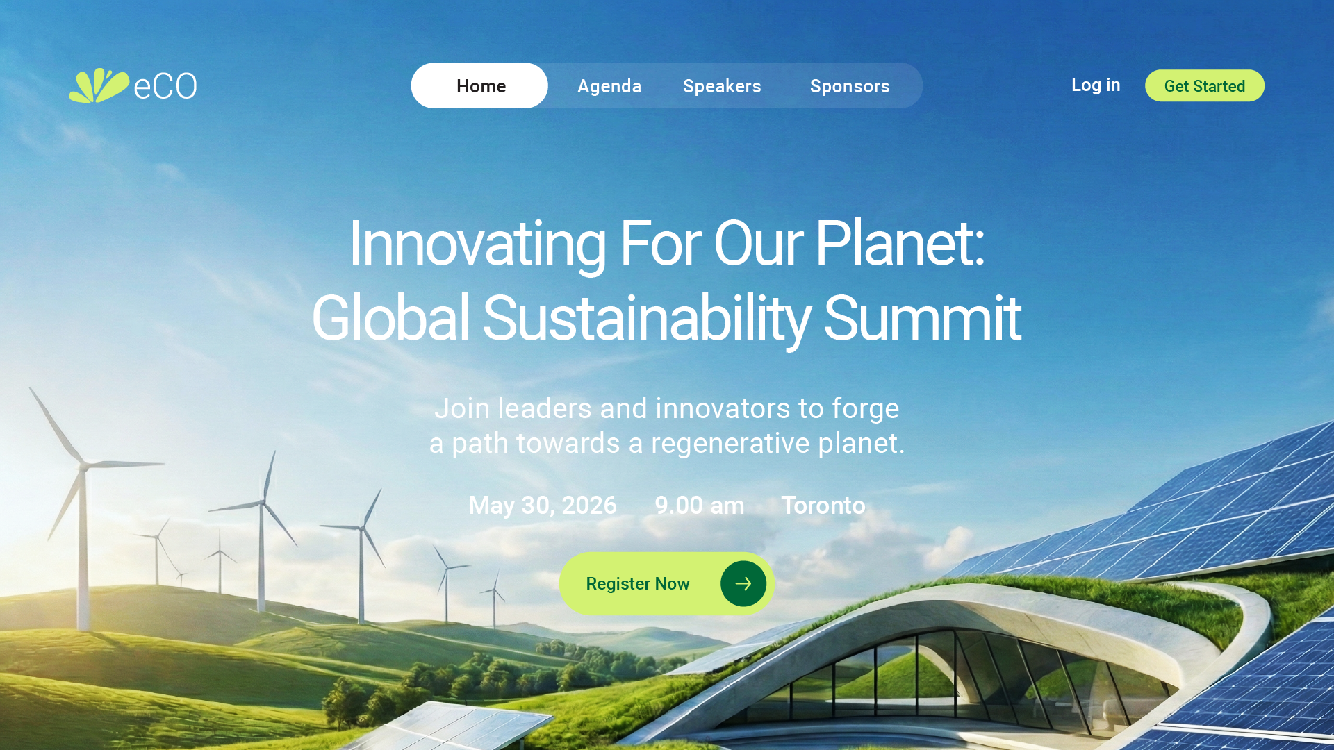 A sustainability themed event page with navigation elements and a register now button.