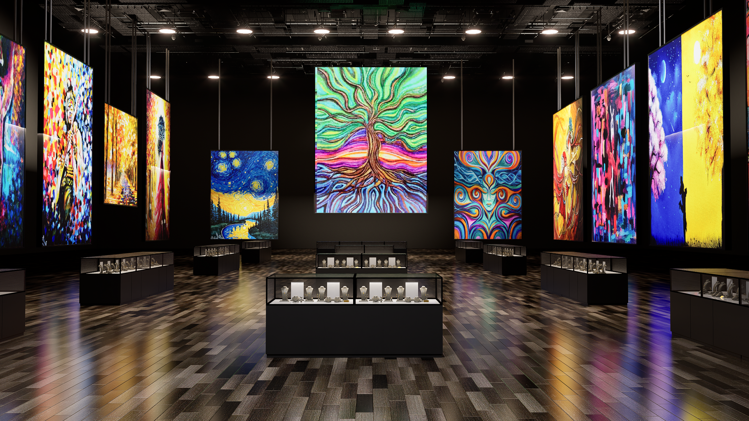A digital rendering of an art-themed event venue.