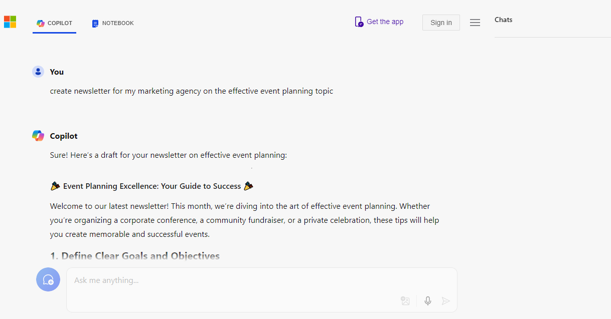 Newsletter created using a prompt with Copilot