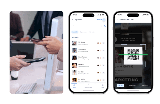 Three screens showing scanning business cards, scanning QR codes, and adding leads manually