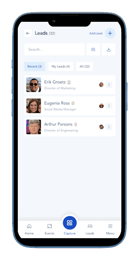 search leads on vFairs lead retrieval app