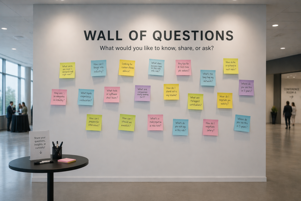 career fair booth idea: wall of questions