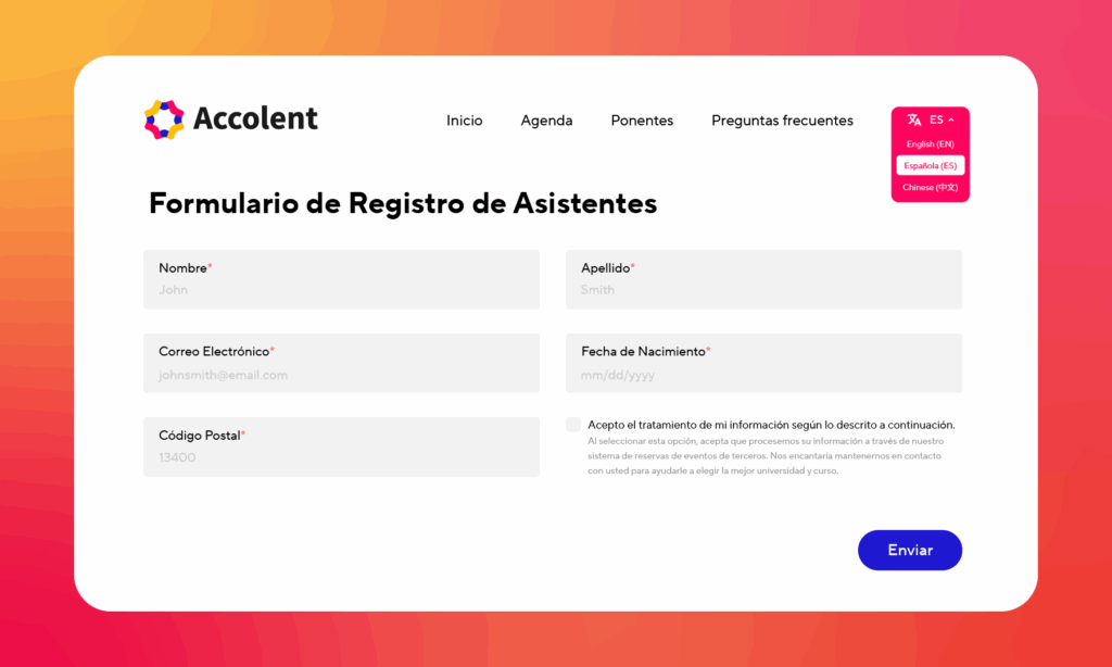 reg form in multiple languages 