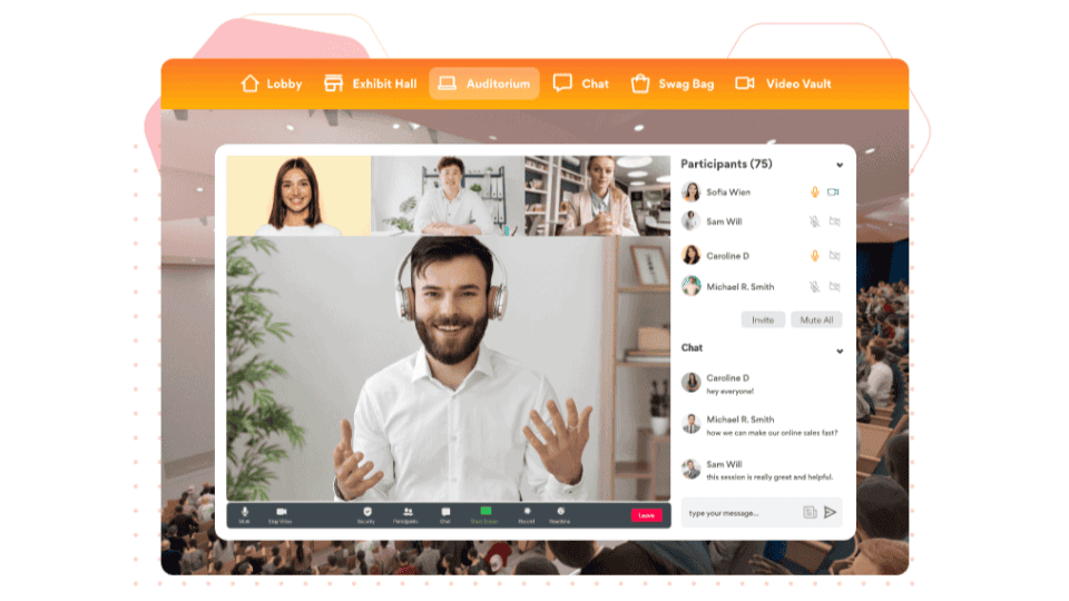 An example of a webinar on the vFairs platform where users can interact and engage through different features like cjhat, reactions, etc 