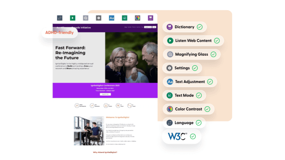 Attendees get to choose an accessibility profile from seizure-safe, vision impaired, cognitive disability, ADHD-friendly, users with blindness, and motor disabilities.