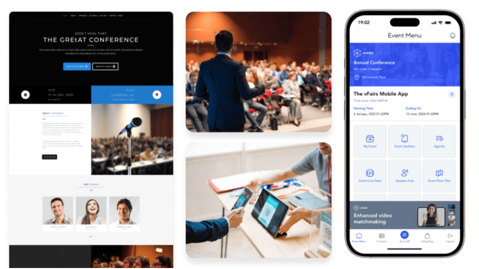 Collage showing an event conference website, a speaker presenting to an audience, attendees checking in, and a mobile app with event features including speaker guidelines."