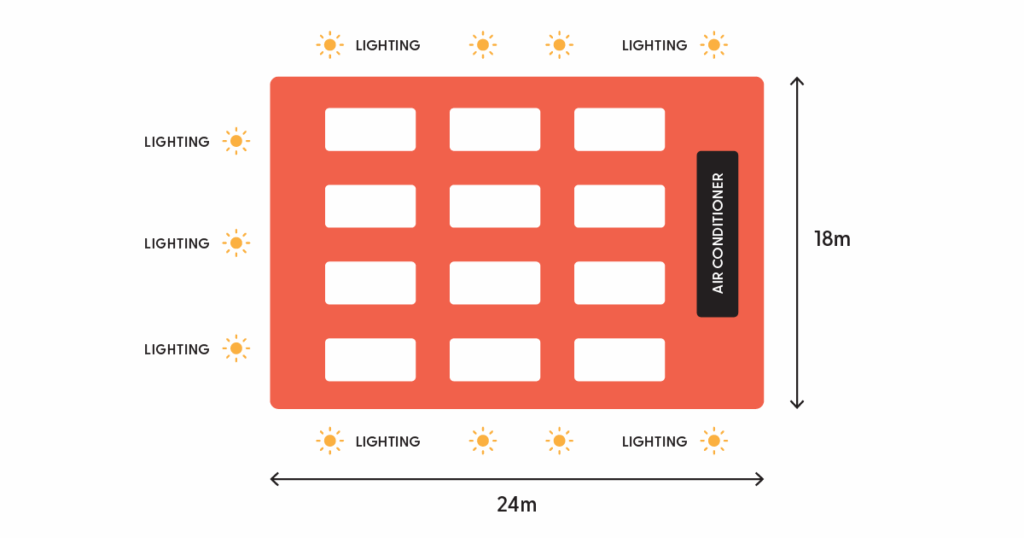 An image of a floor plan for an indoor setting measuring lighting and dimensions