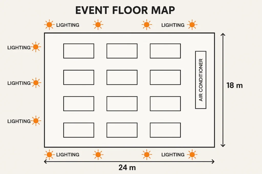 Measuring event venue's dimensions and other aspects like lighting, air conditioning, etc.