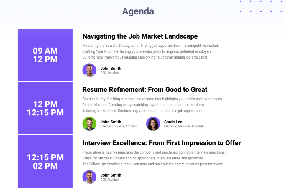 Agenda section of an event landing page