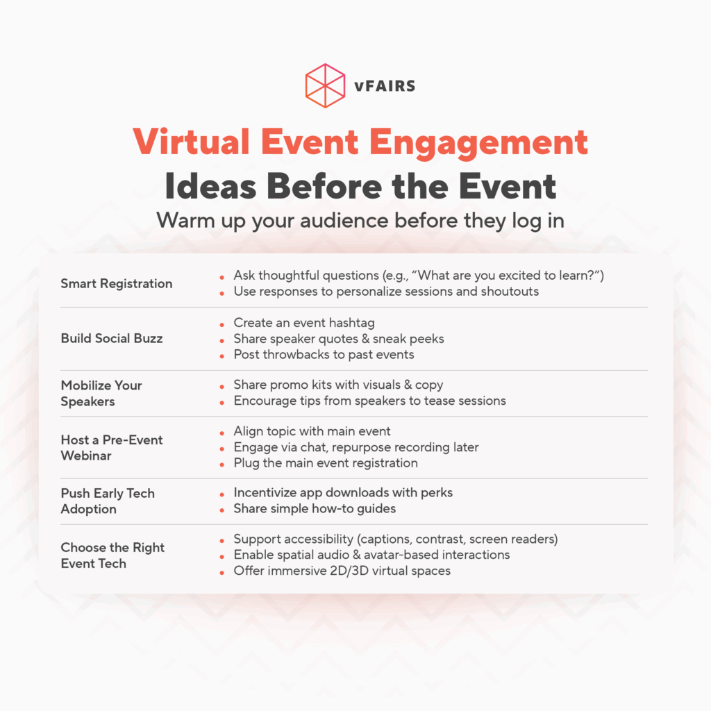 ideas for engaging audiences for a virtual event before it starts