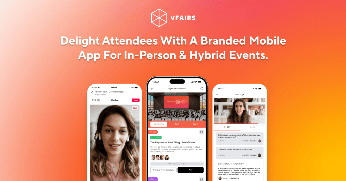 Custom event app screenshots that showcase a customized mobile app branded interface