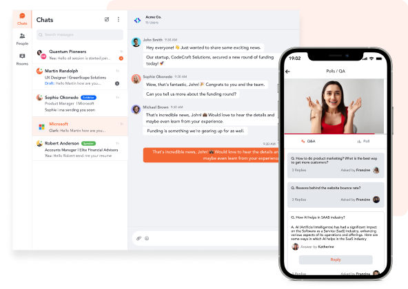 Custom event app interface showcasing live chatrooms and in-session Q&A features