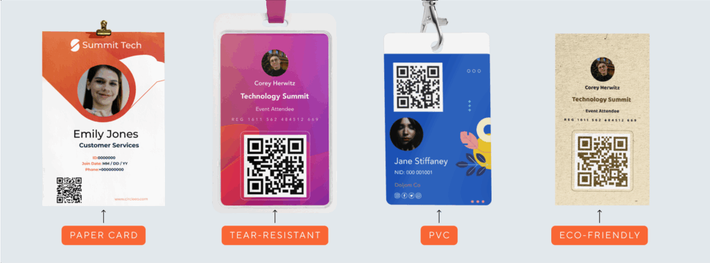 Types of event badges displayed_Paper+TearResistant+PVC+Eco