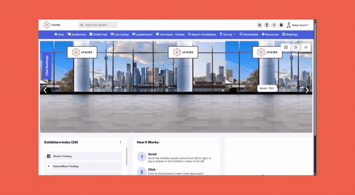 new booth list view in exhibit hall with more booth details including booth reps and book a meeting option