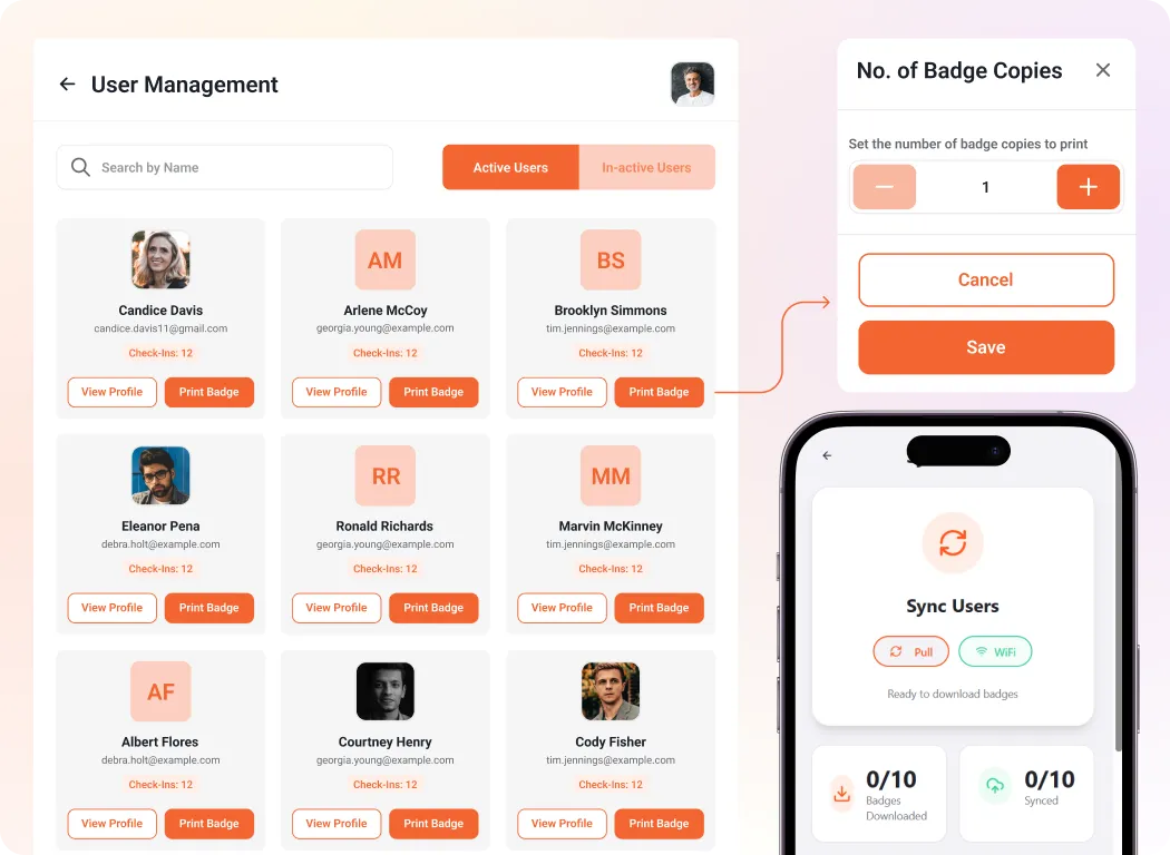 Manage Attendee Lists, Walk-Ins, and Badge Printing Statuses with Ease. - Copy