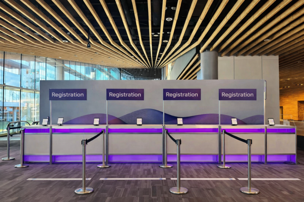 Registration desks with clear labels