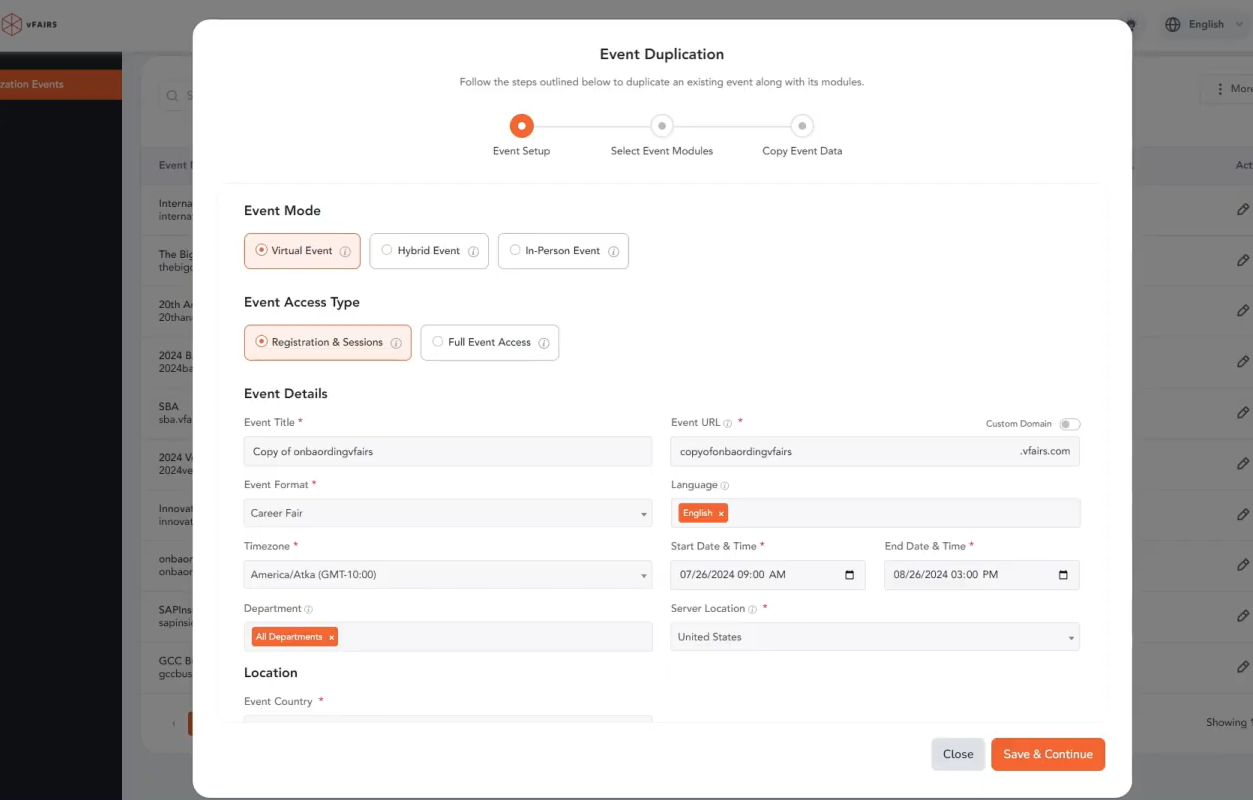 Event duplication and cloning in vFairs
